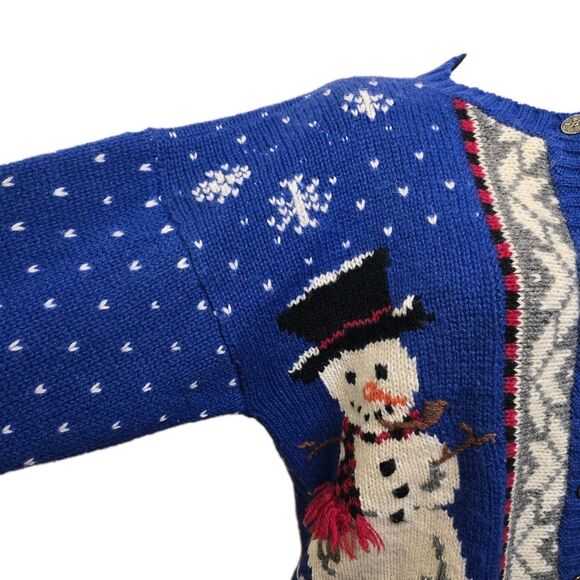 VTG Woolrich Women’s M Handframed Royal Blue Snowman Winter Wool Knit Cardigan - Picture 3 of 16